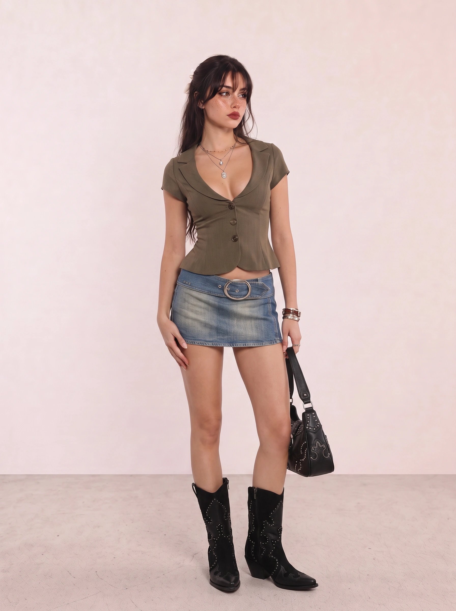 Olive Short-Sleeve Waistcoat Top & Denim Belted Mini Skirt Party Look