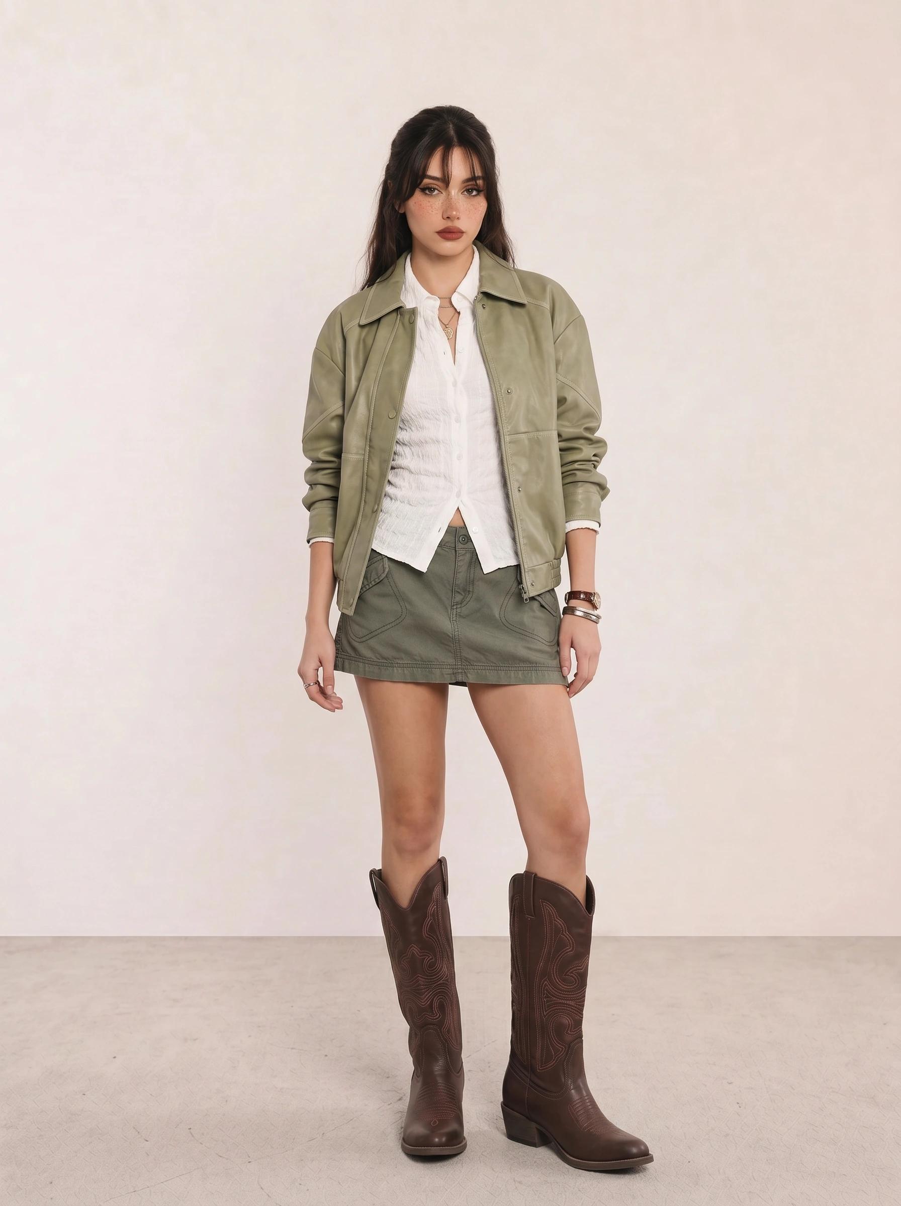 Sage Leather Jacket & Olive Mini Skirt