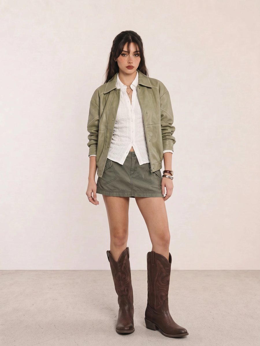 Winter outfit with a sage leather jacket, white blouse, olive mini skirt, and brown western boots