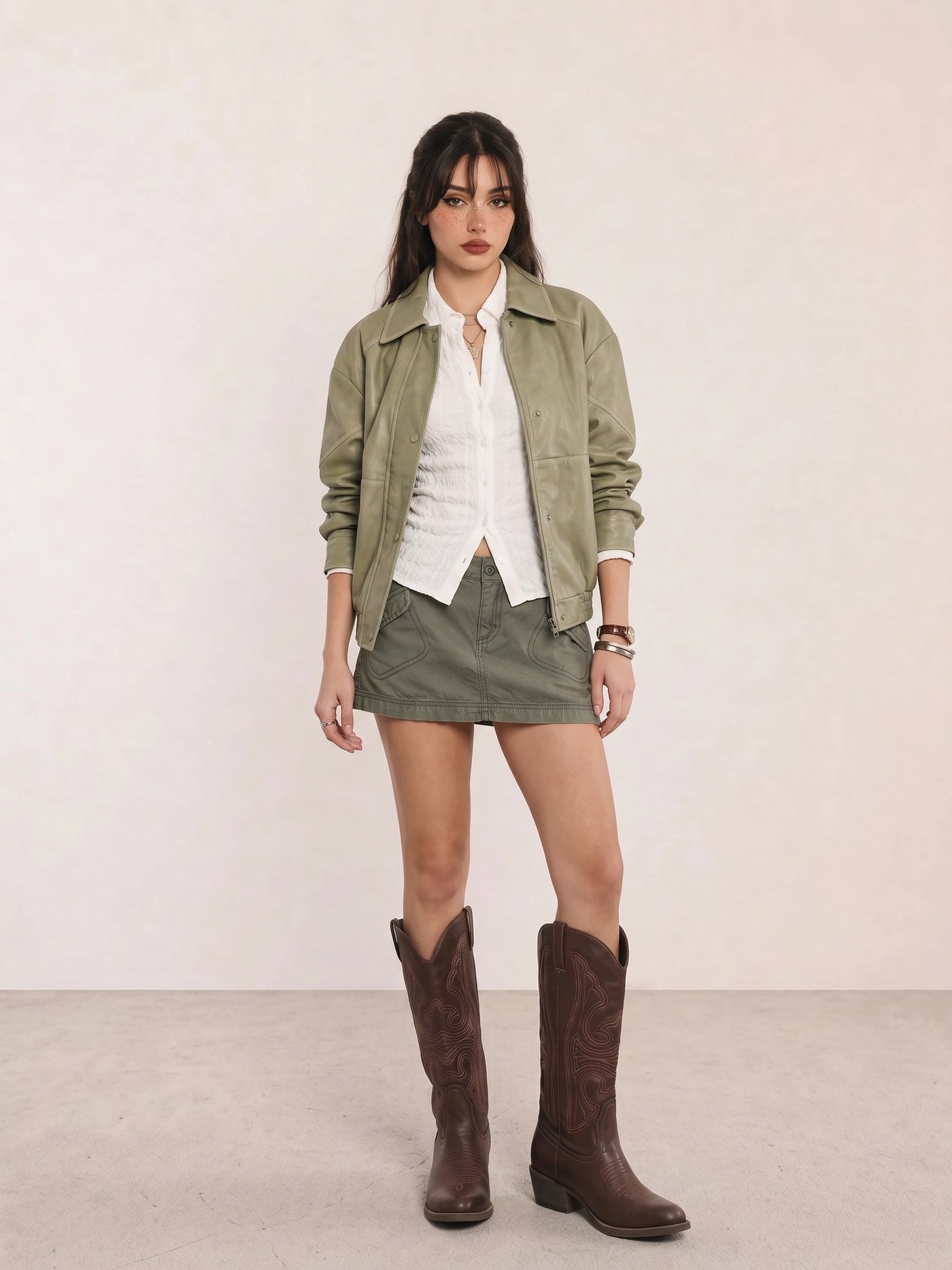 Sage Leather Jacket & Olive Mini Skirt