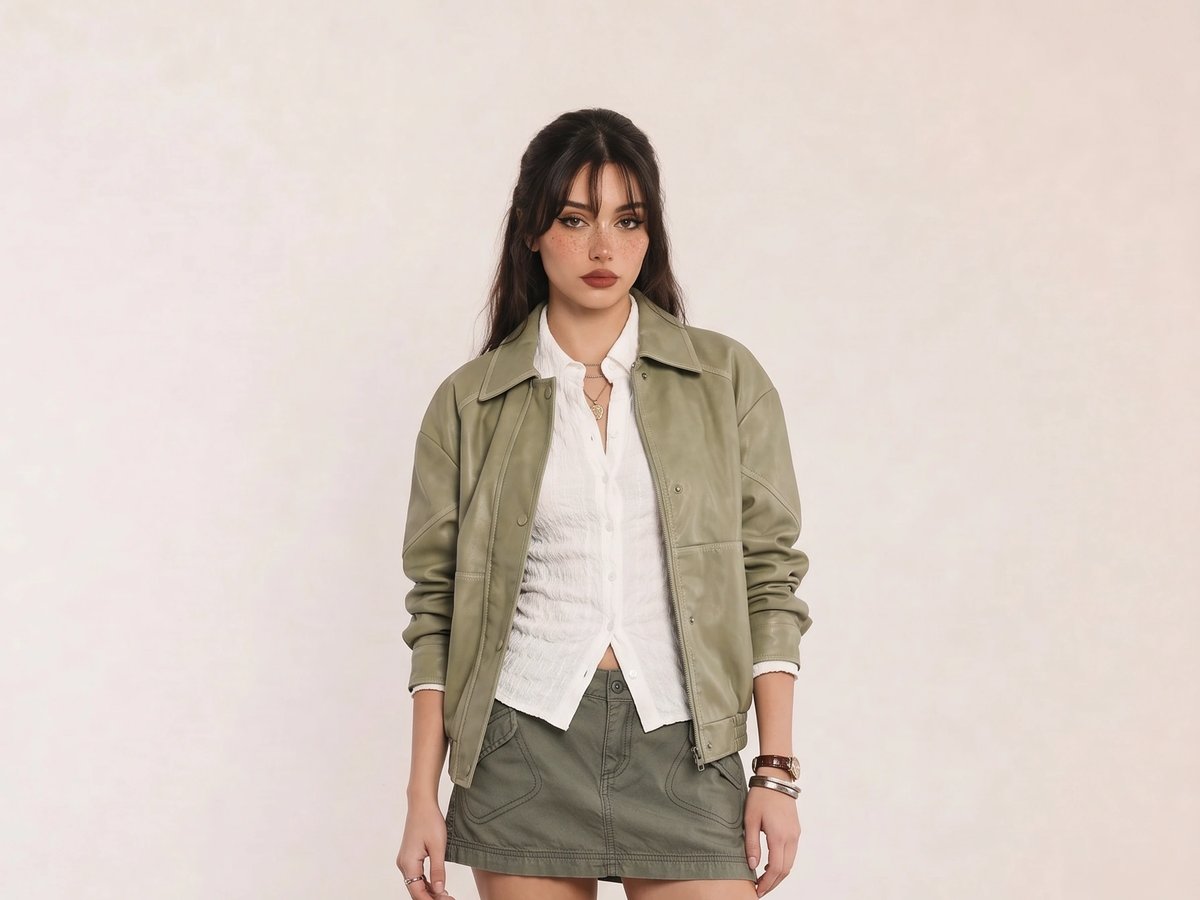 Sage Leather Jacket & Olive Mini Skirt