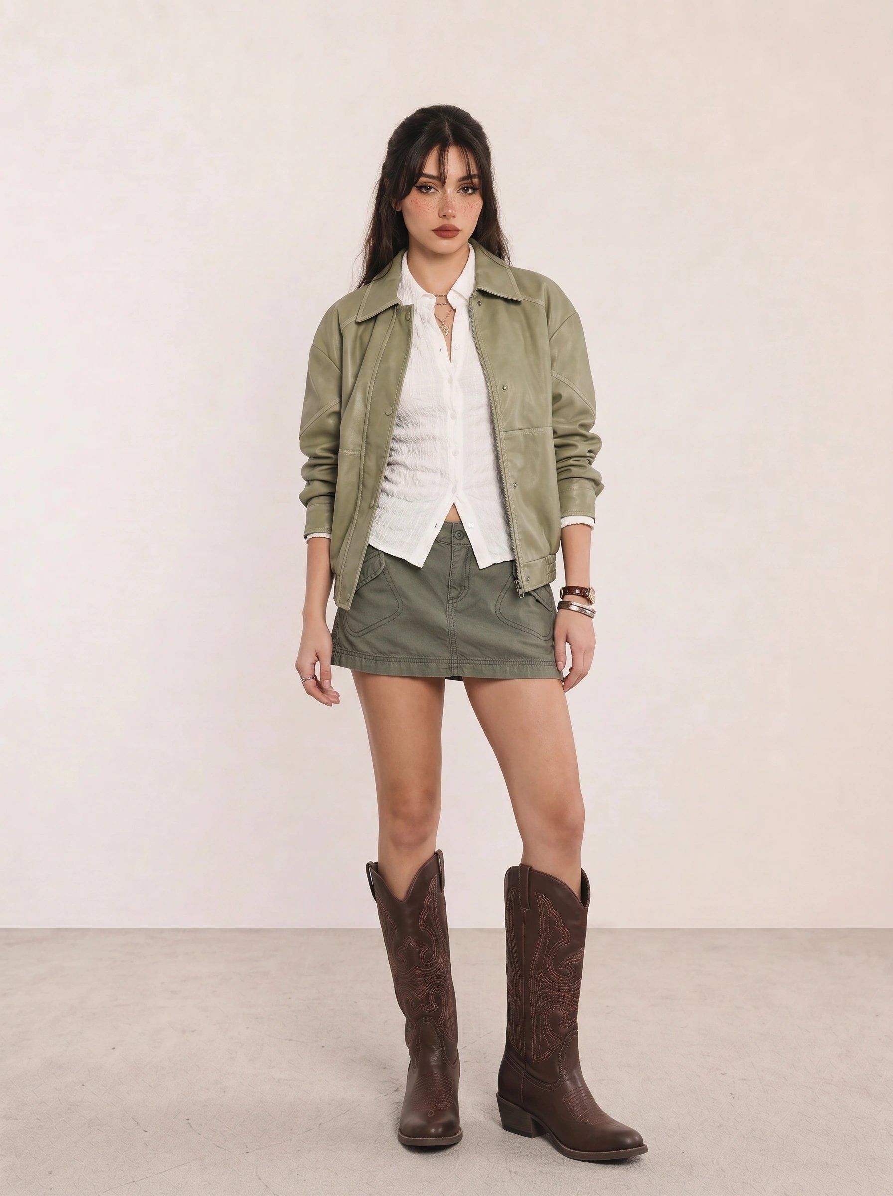 Sage Leather Jacket & Olive Mini Skirt