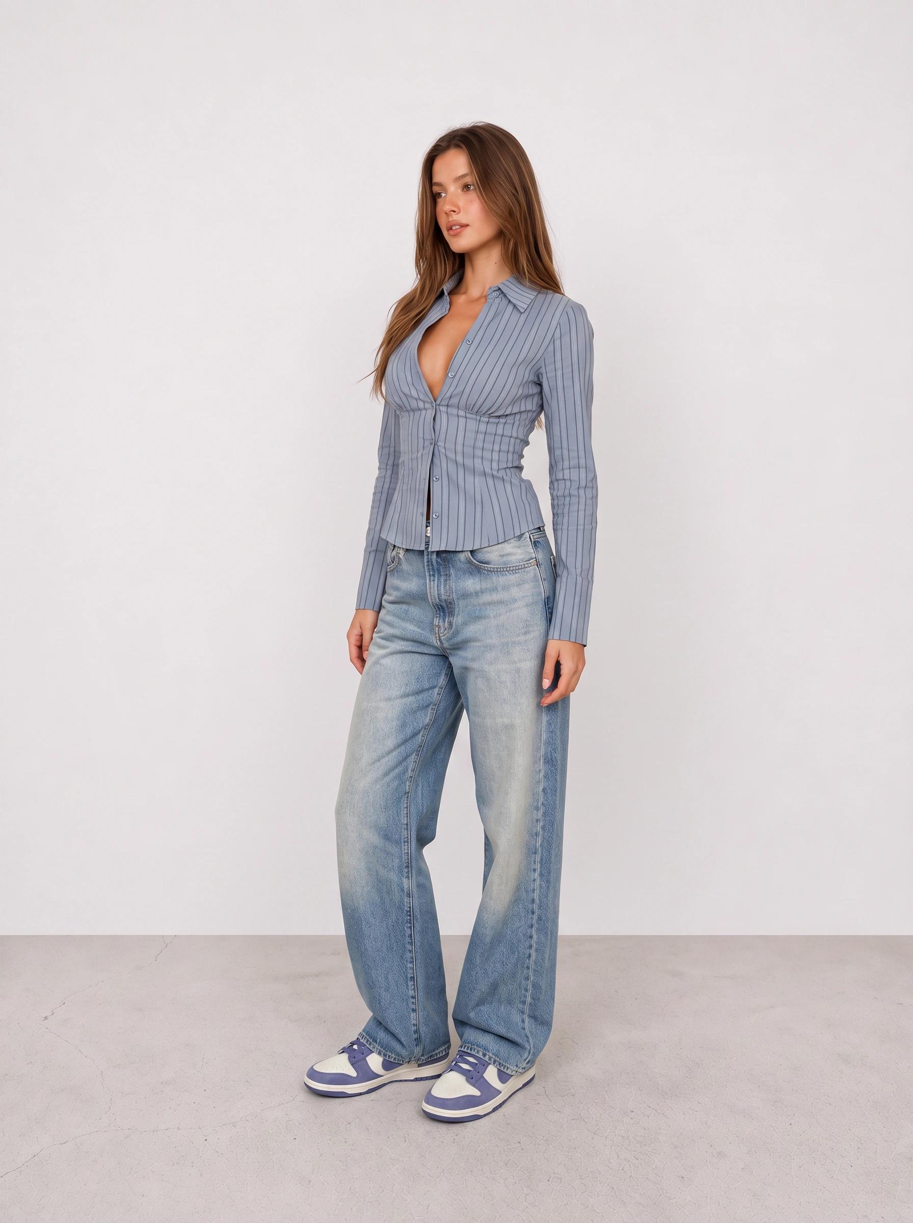 Blue Ruched Shirt and Wide-Leg Jeans Outfit