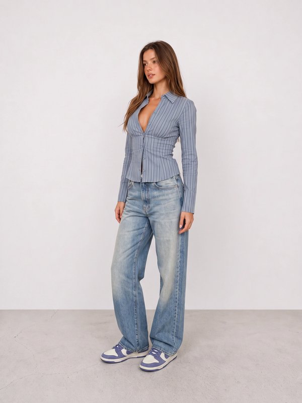 Blue Ruched Shirt and Wide-Leg Jeans Outfit