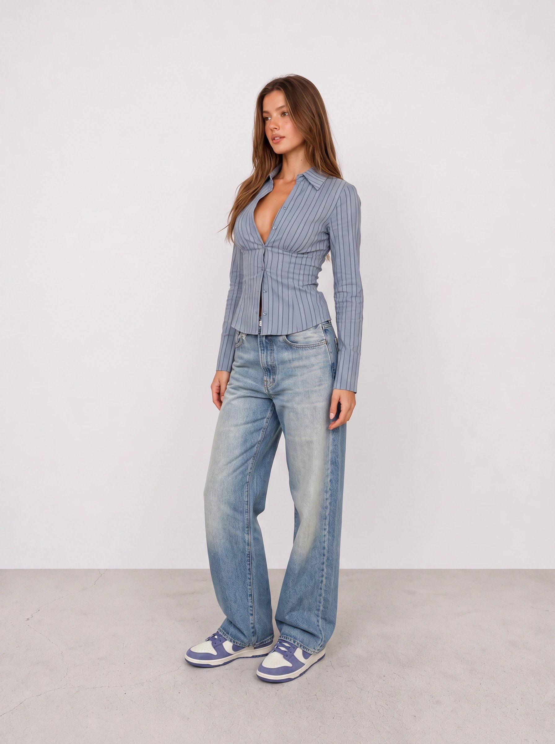 Blue Ruched Shirt and Wide-Leg Jeans Outfit