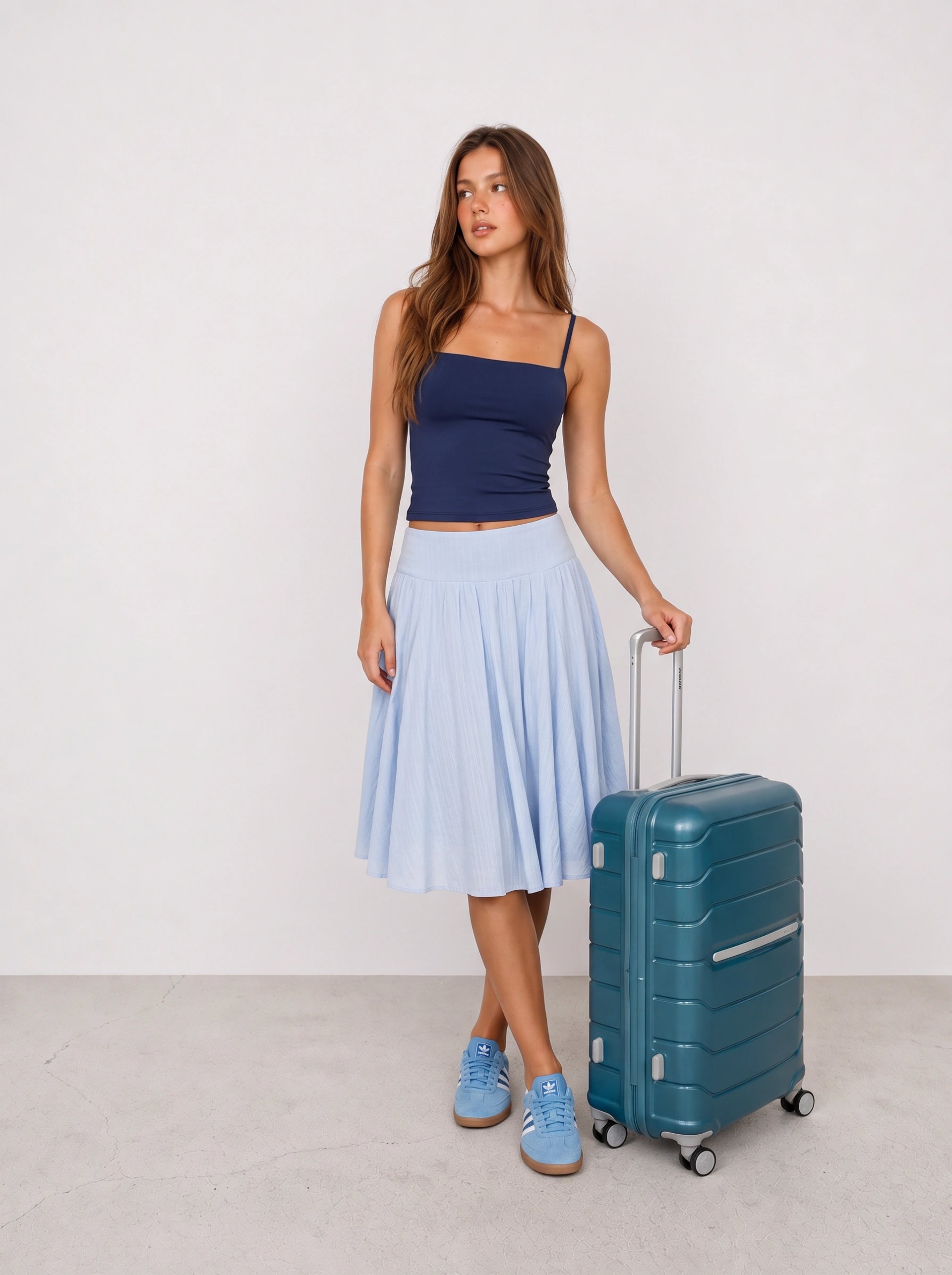 Navy Cami and Blue Midi Skirt Travel Outfit