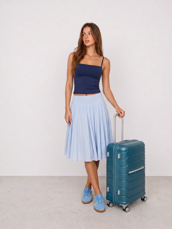Navy Cami and Blue Midi Skirt Travel Outfit