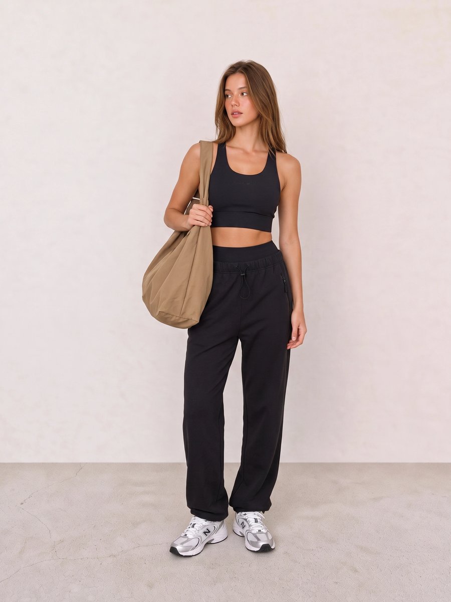 Woman wearing a black crop tank, black joggers, grey running shoes, and a tan tote
