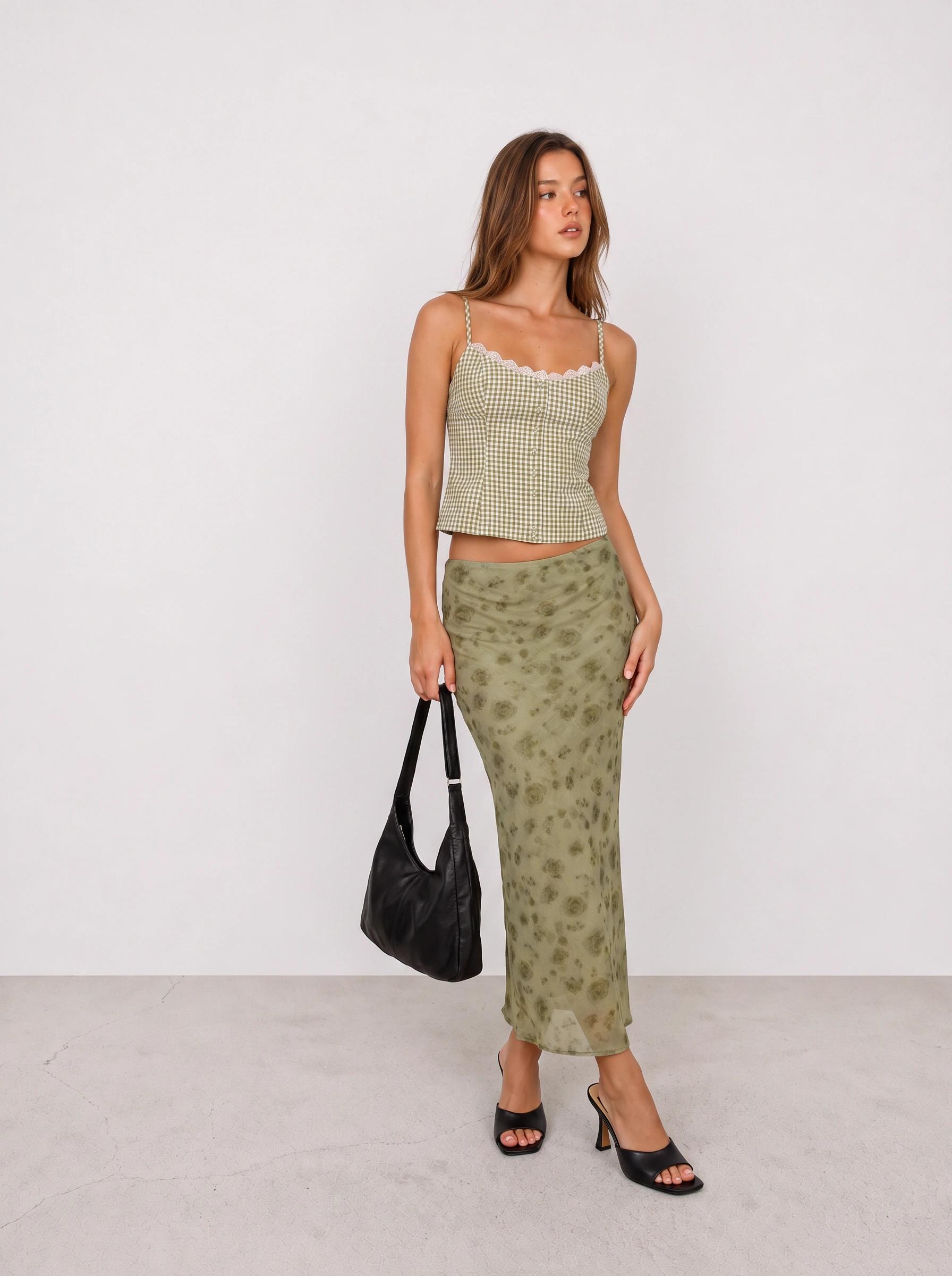 Gingham Corset Top and Olive Floral Skirt Outfit