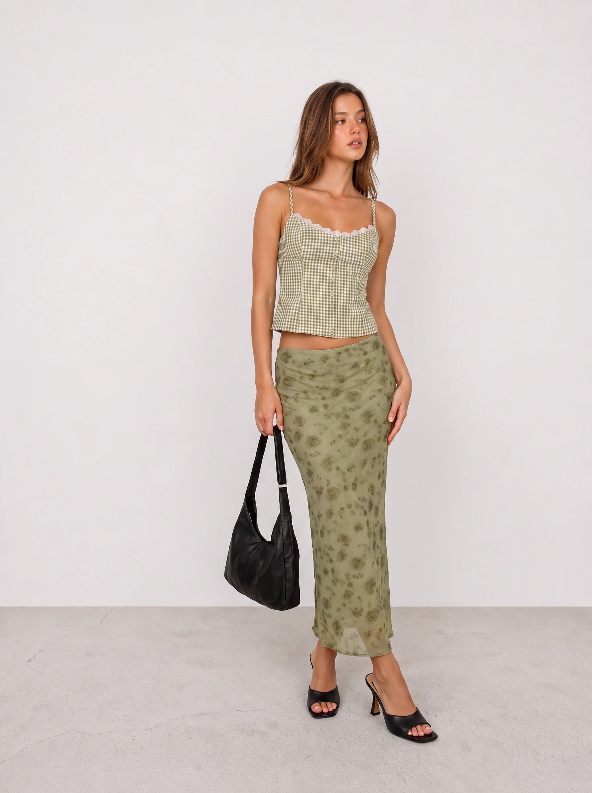 Gingham Corset Top and Olive Floral Skirt Outfit