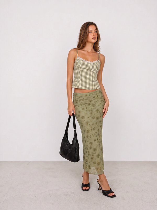 Gingham Corset Top and Olive Floral Skirt Outfit