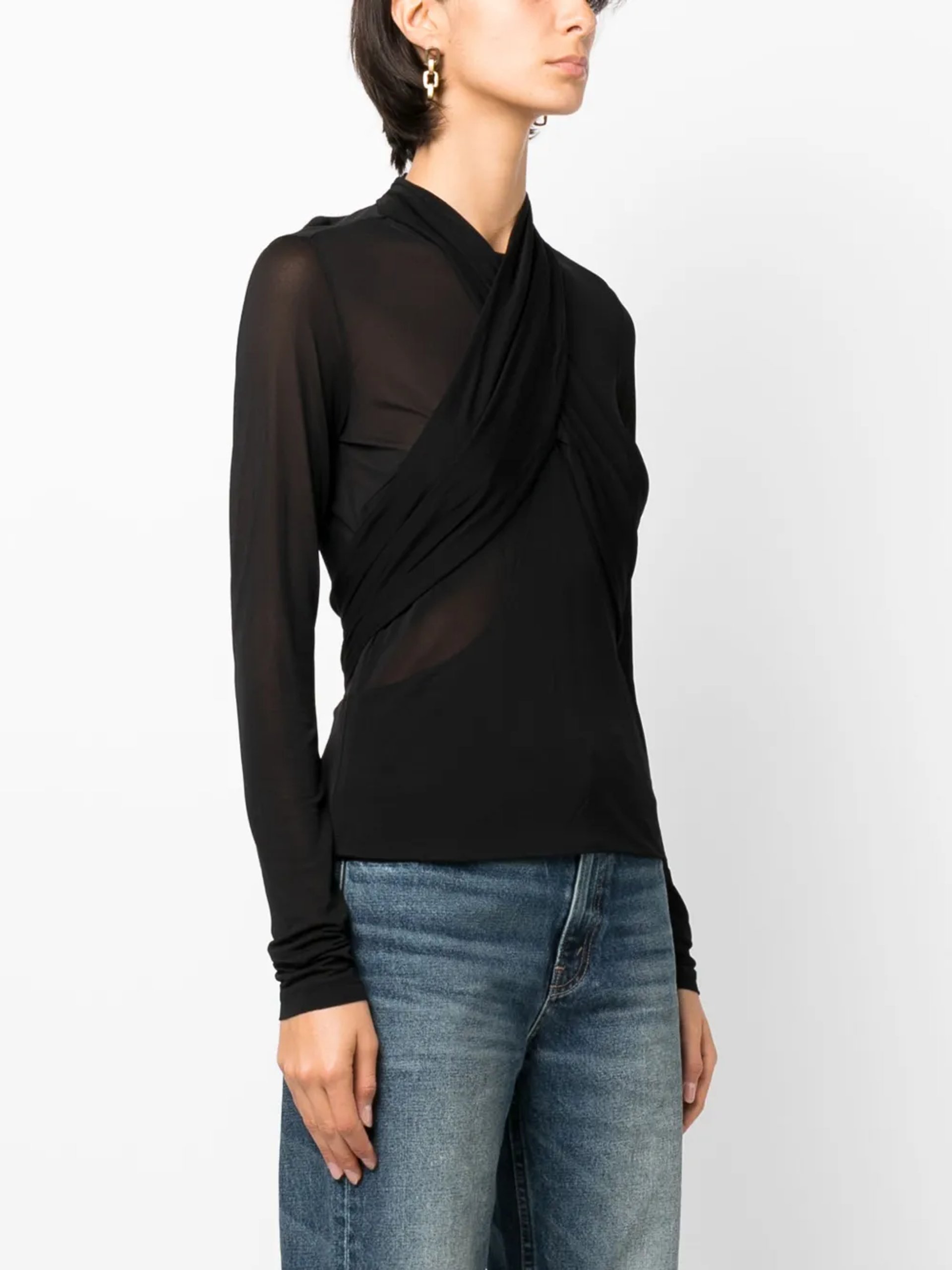 Black draped mesh top with sheer lace maxi skirt
