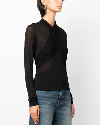 Black Draped Sheer Mesh Top