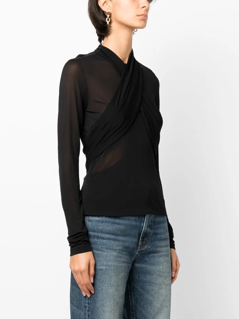 Black draped mesh top with sheer lace maxi skirt