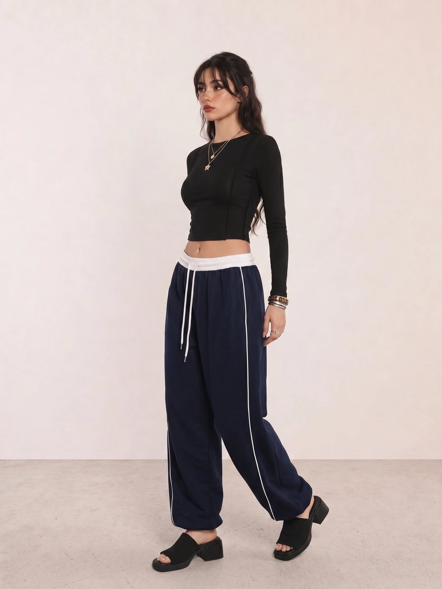 Korean fashion outfit with a black crop top, navy striped wide-leg pants, and black mule sandals