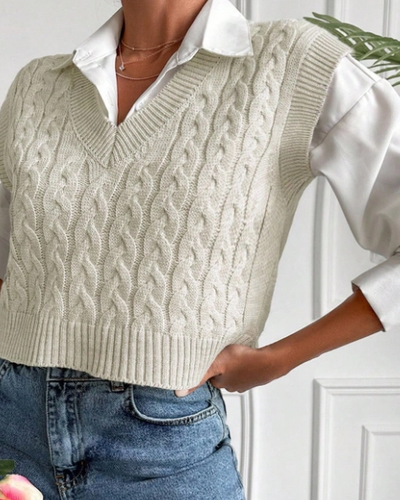 Beige Cable-Knit Sweater Vest