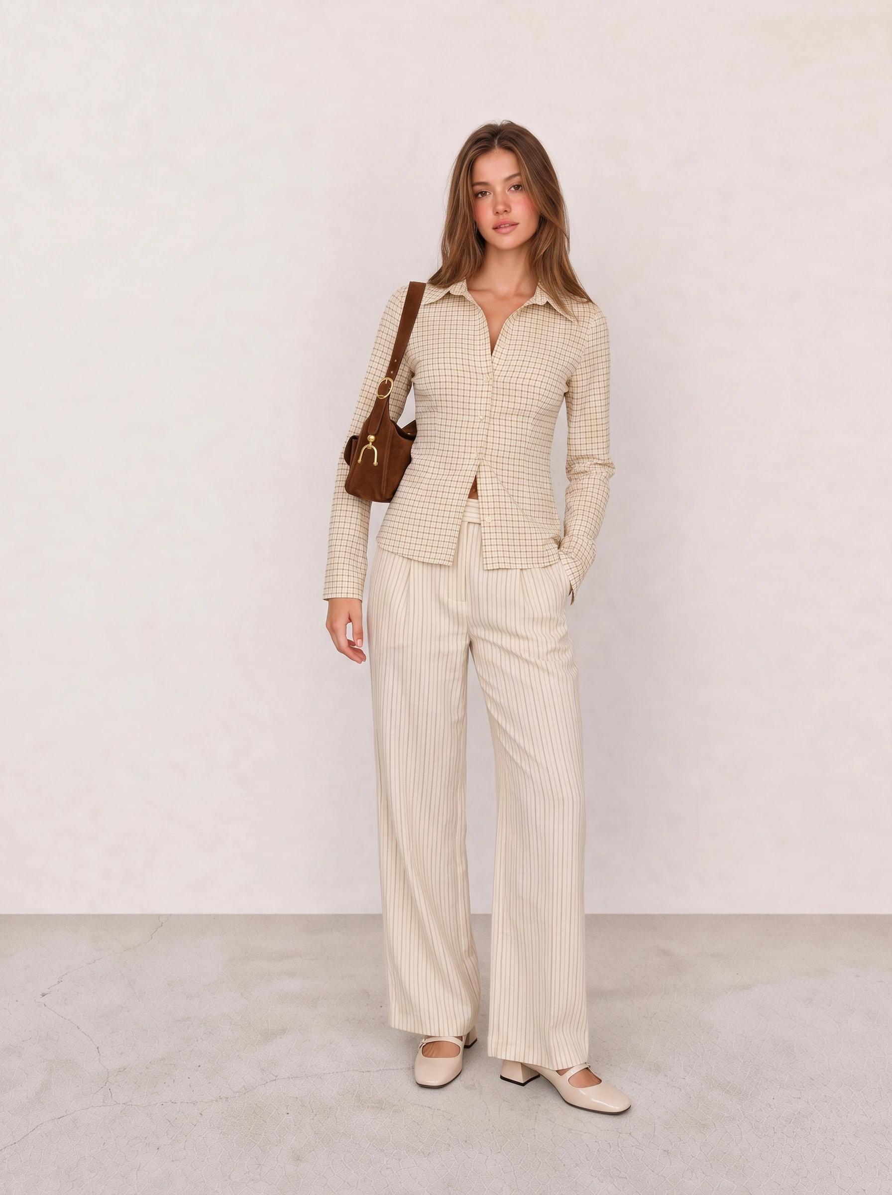 Cream Checked Long-Sleeve Shirt & Cream Wide-Leg Linen Trousers