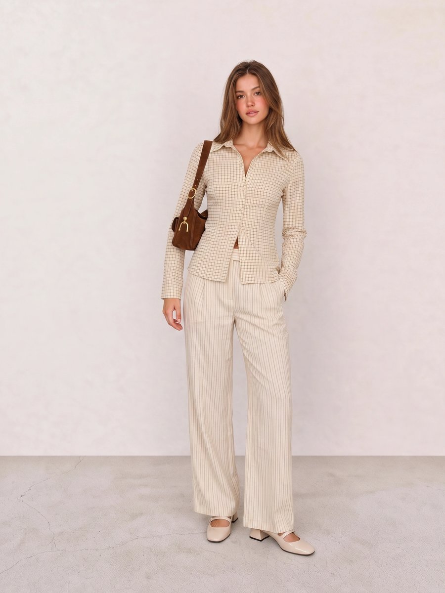 Old money look with cream checked long-sleeve shirt & cream wide-leg linen trousers and beige patent mary jane flats