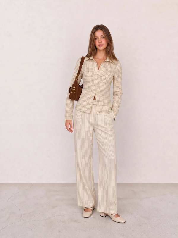 Cream Checked Long-Sleeve Shirt & Cream Wide-Leg Linen Trousers