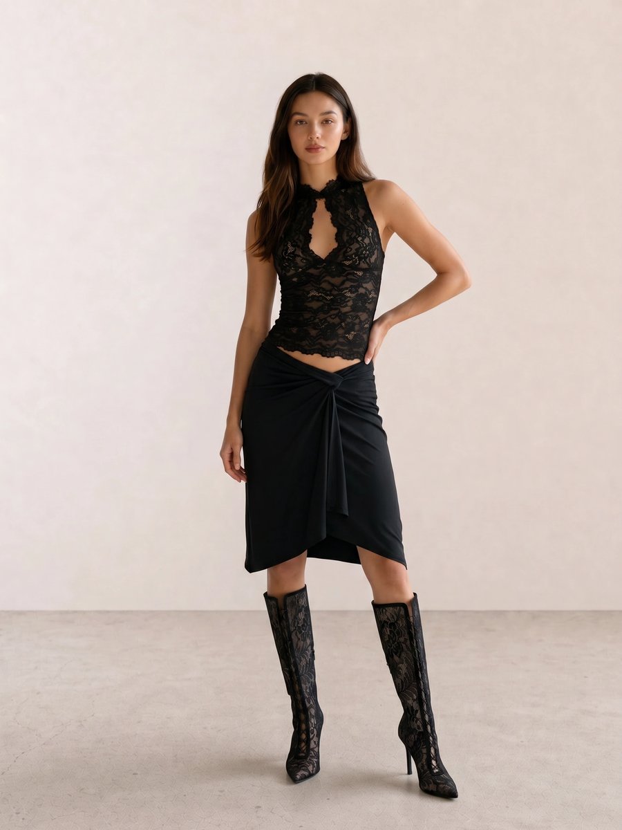 Black outfit with a sheer lace halter top, twist-front midi skirt, and lace knee-high boots