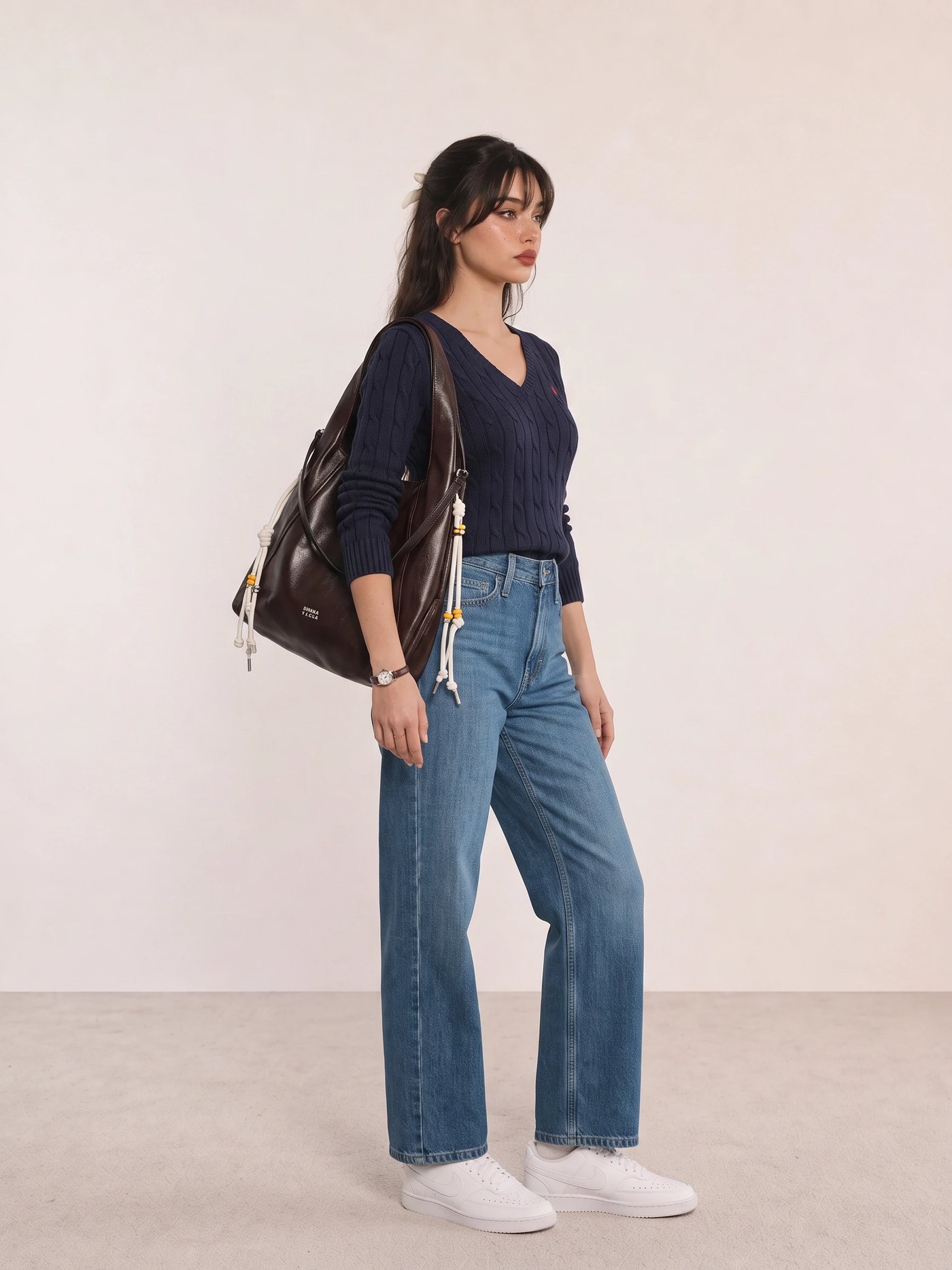 Navy Cable-Knit Sweater and Jeans Campus Outfit