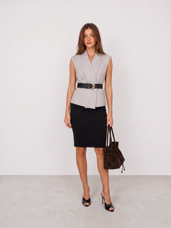 Striped Vest and Black Pencil Skirt Office Outfit