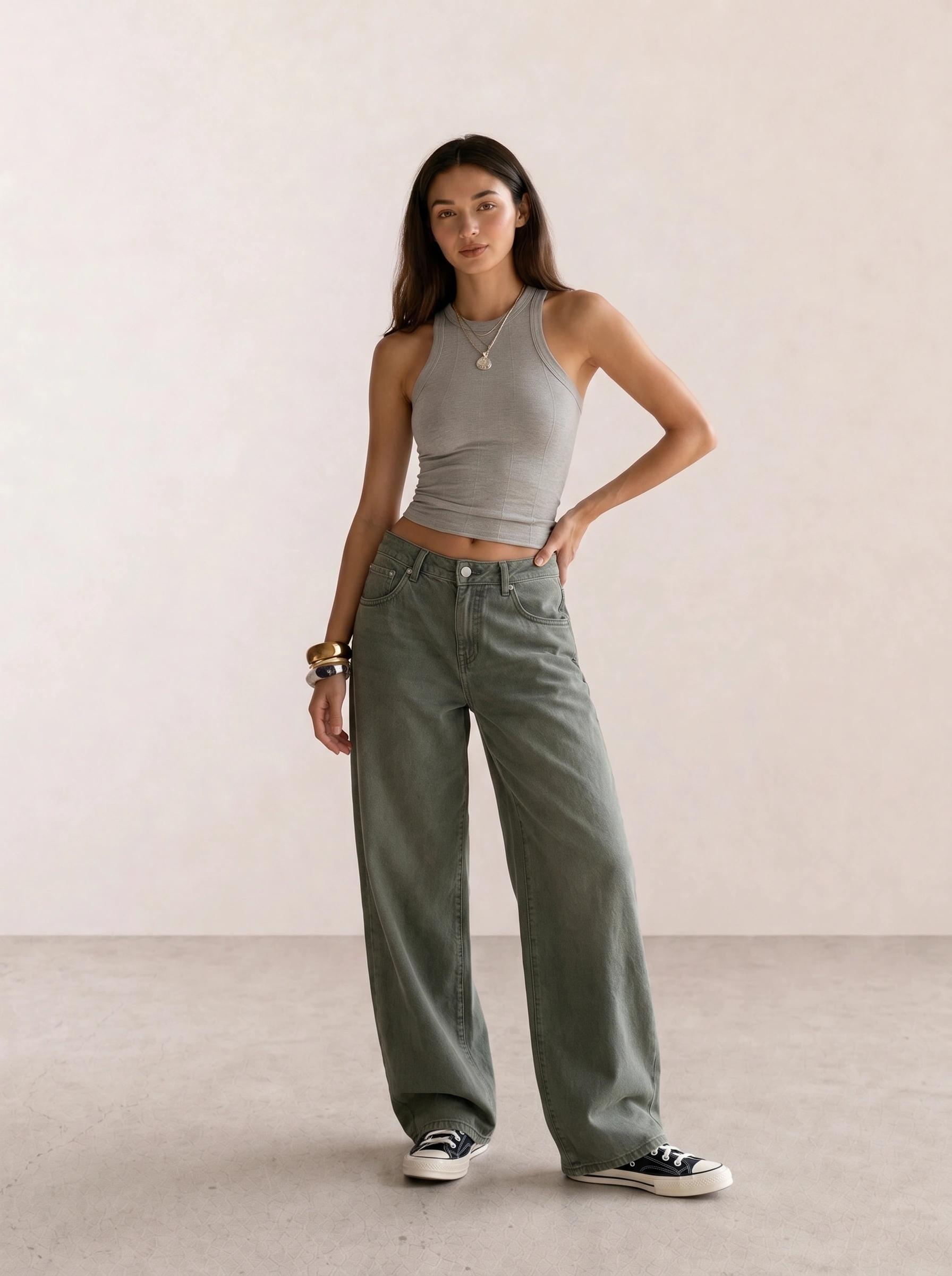 Grey Ribbed Tank & Olive Baggy Jeans