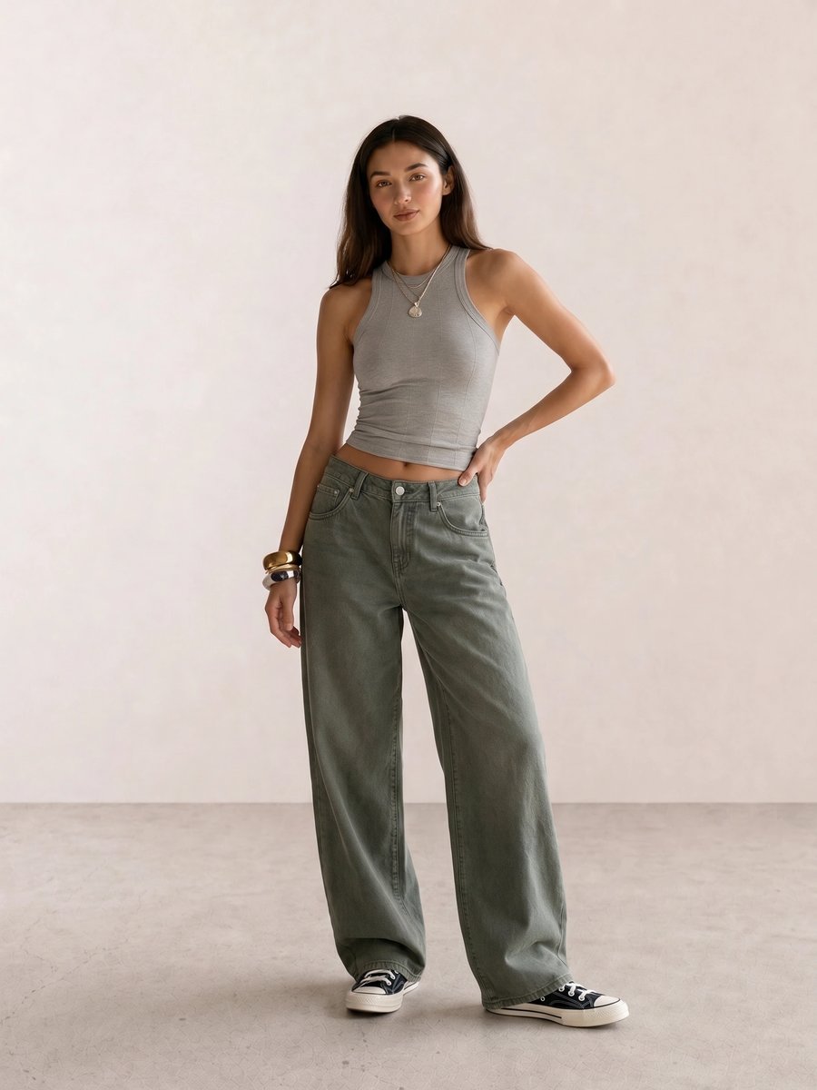 Basic casual outfit with a grey ribbed tank, olive baggy jeans, and black Converse high-tops