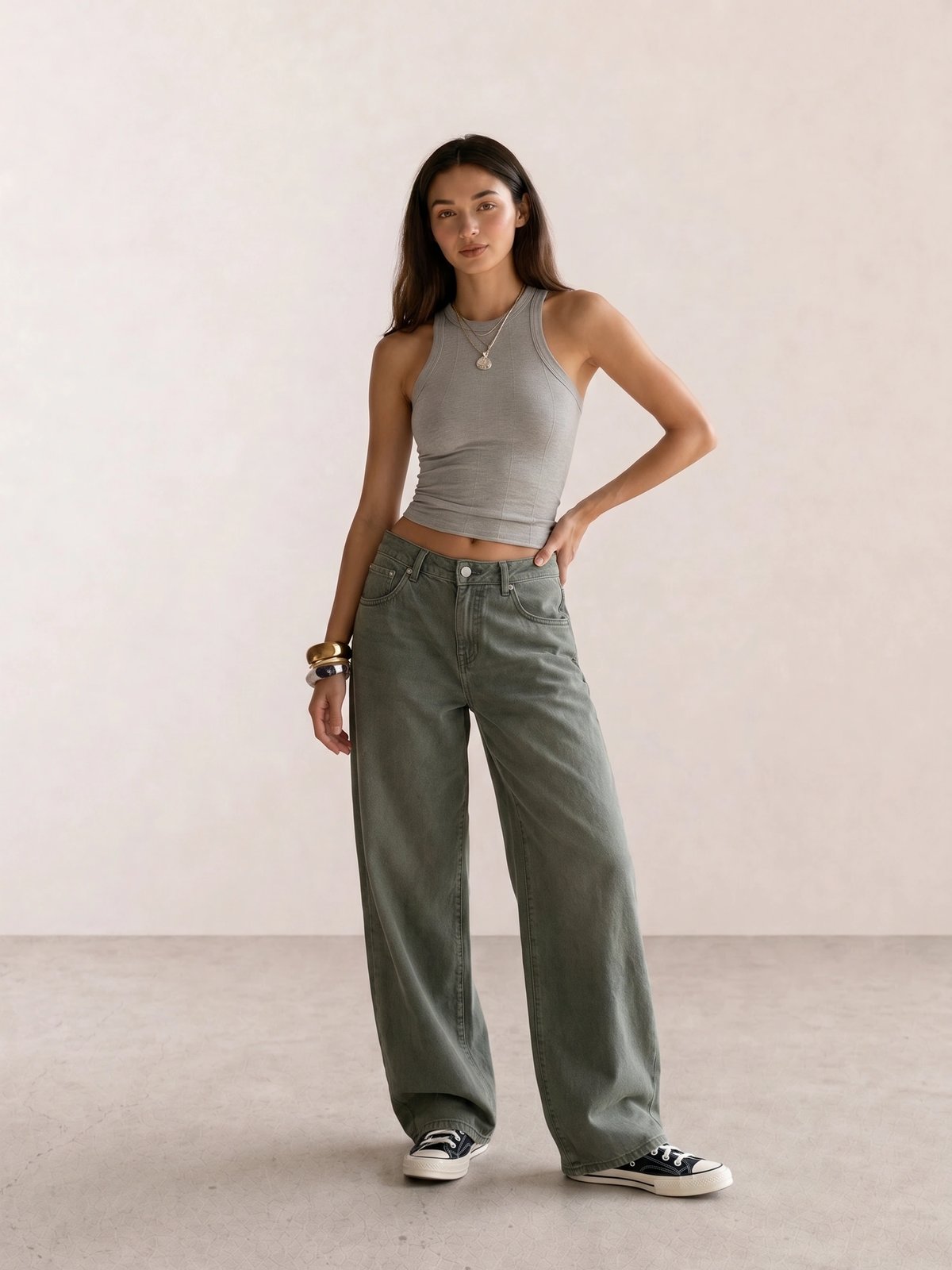 Grey Ribbed Tank & Olive Baggy Jeans