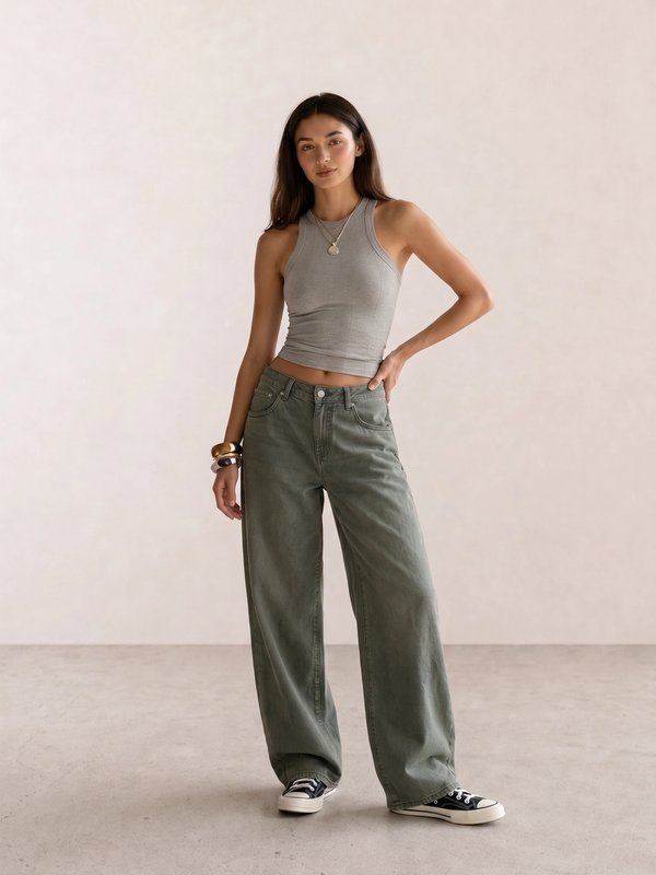 Grey Ribbed Tank & Olive Baggy Jeans