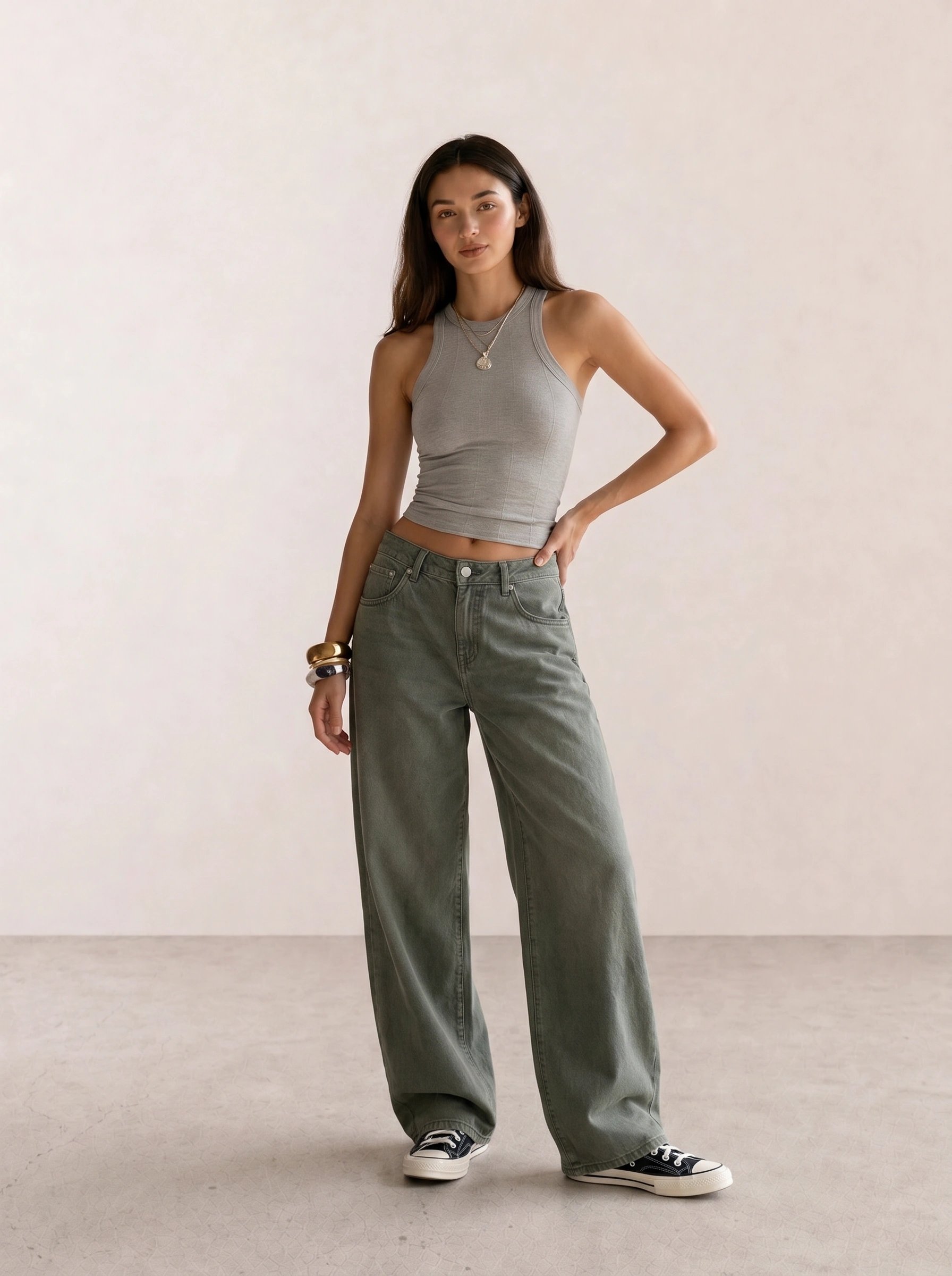 Grey Ribbed Tank & Olive Baggy Jeans