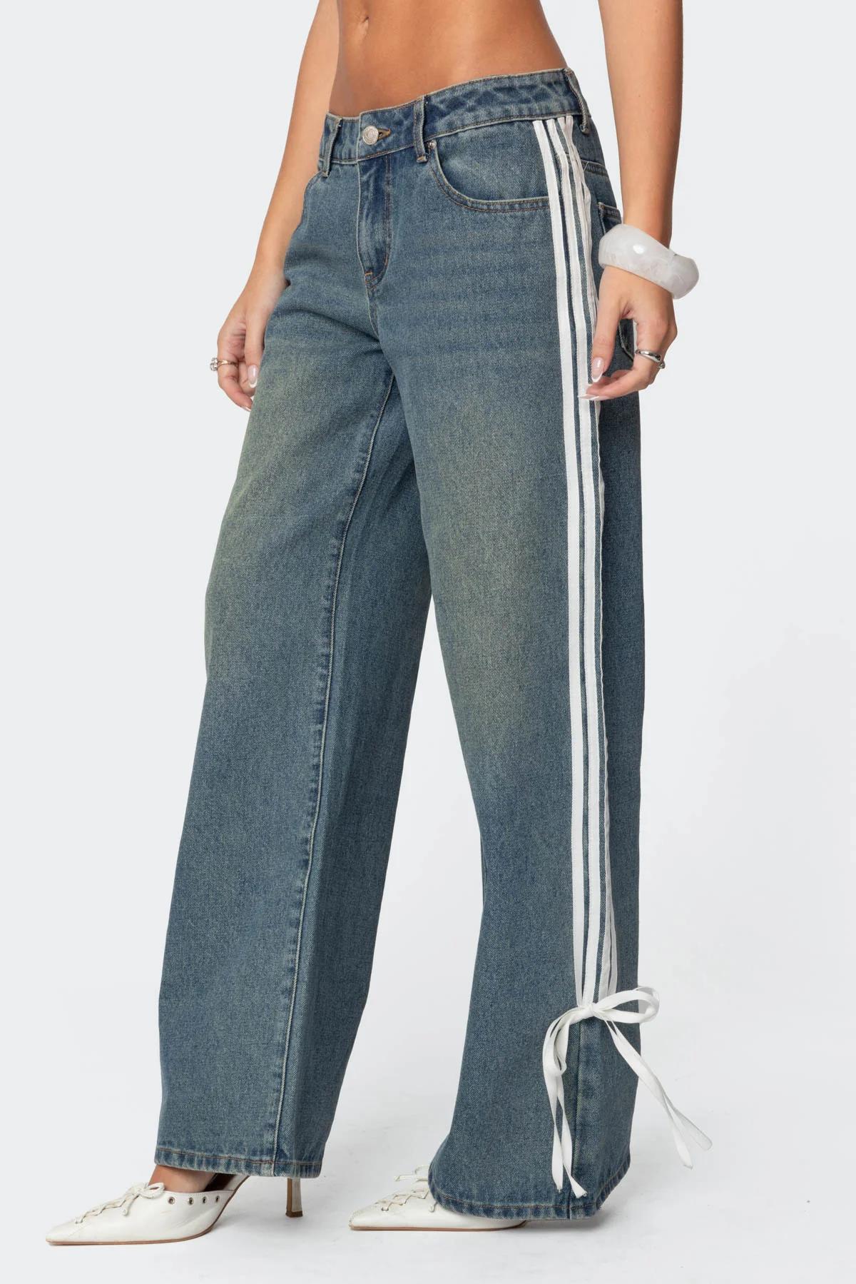 Blue Side-Stripe Wide-Leg Jeans