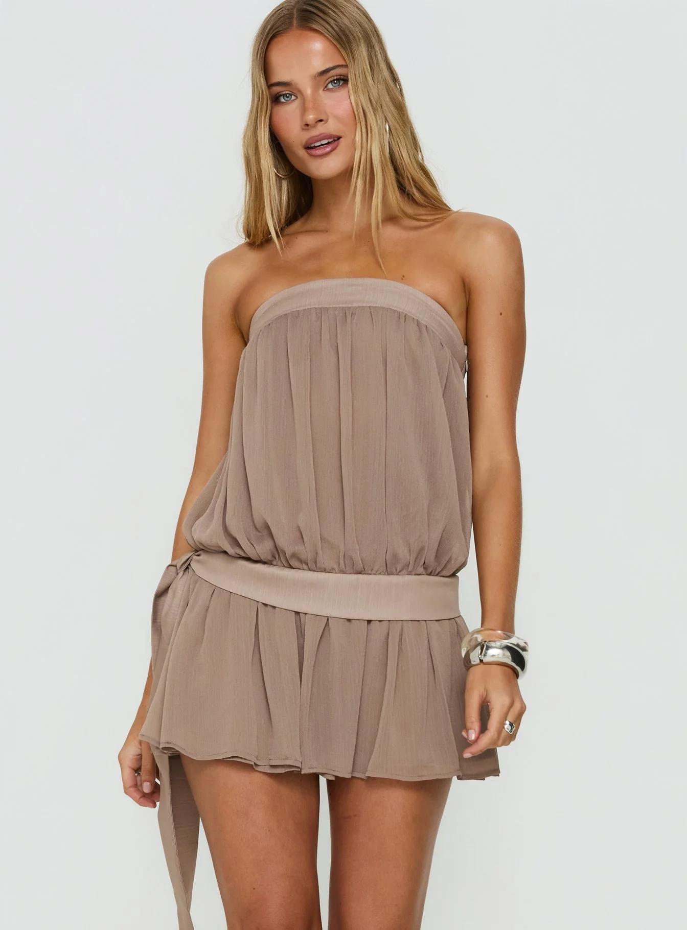 Taupe Strapless Ruffle Mini Dress