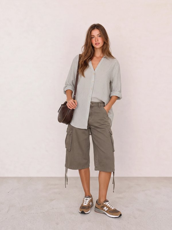 Striped Shirt and Cargo Shorts Campus Outfit