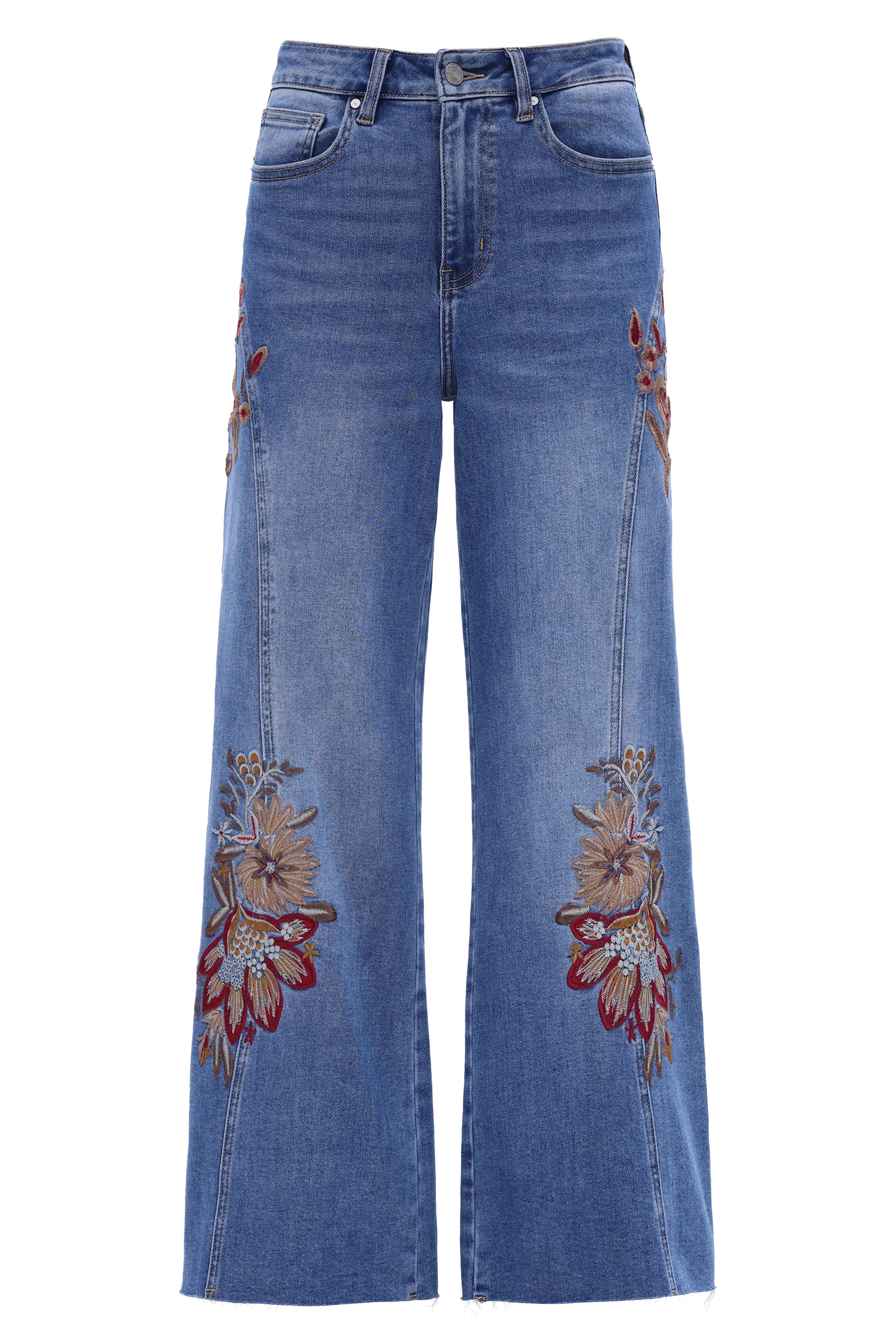 Dark Wash Floral Embroidered Wide-Leg Jeans