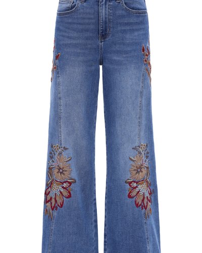 Dark Wash Floral Embroidered Wide-Leg Jeans