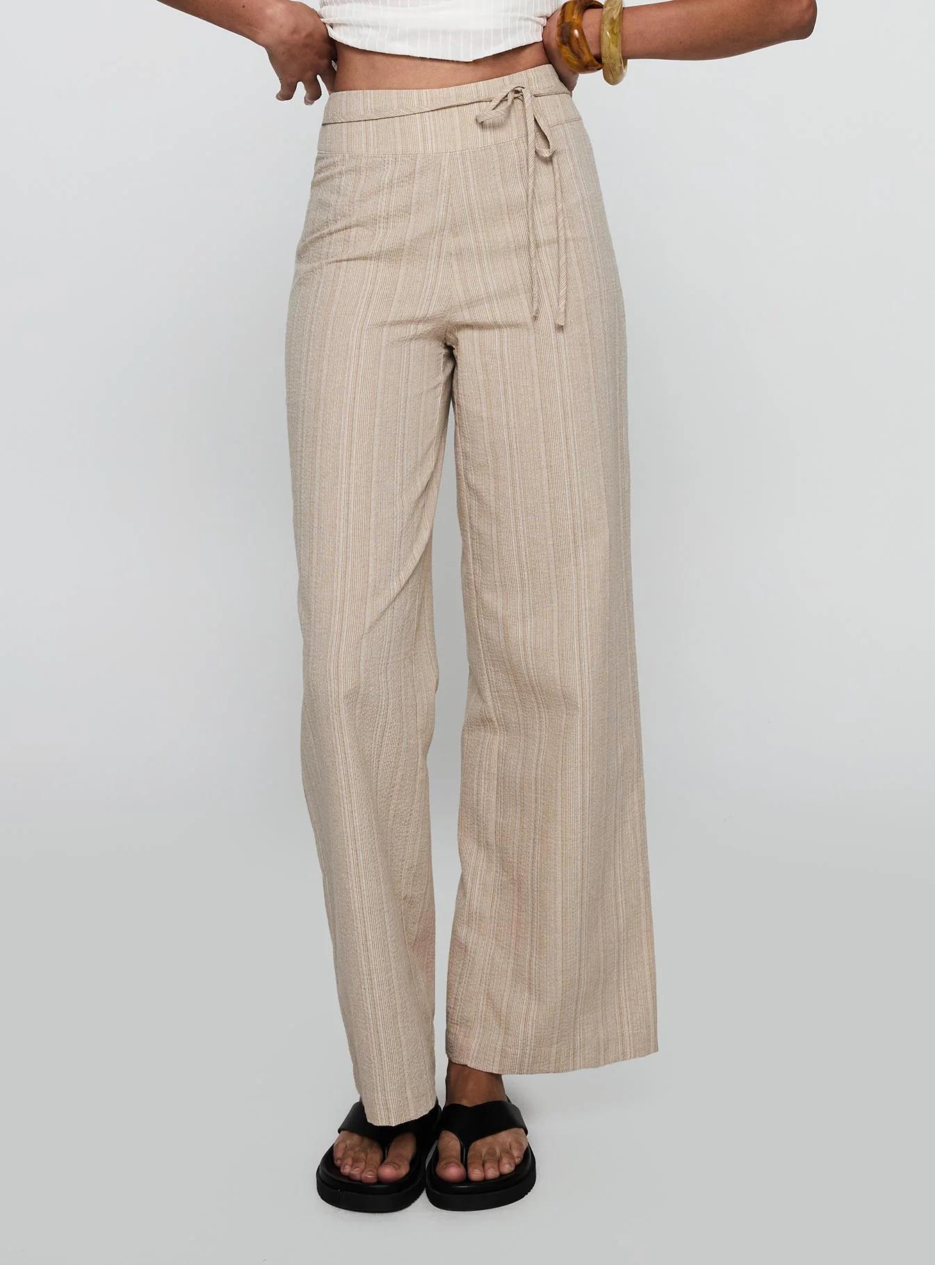 Beige Pinstripe Wide-Leg Trousers