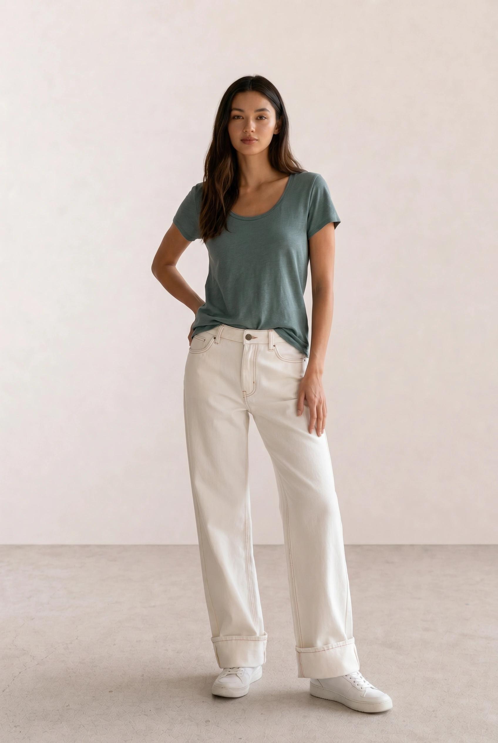 Sage Scoop Tee & Cream Wide-Leg Jeans