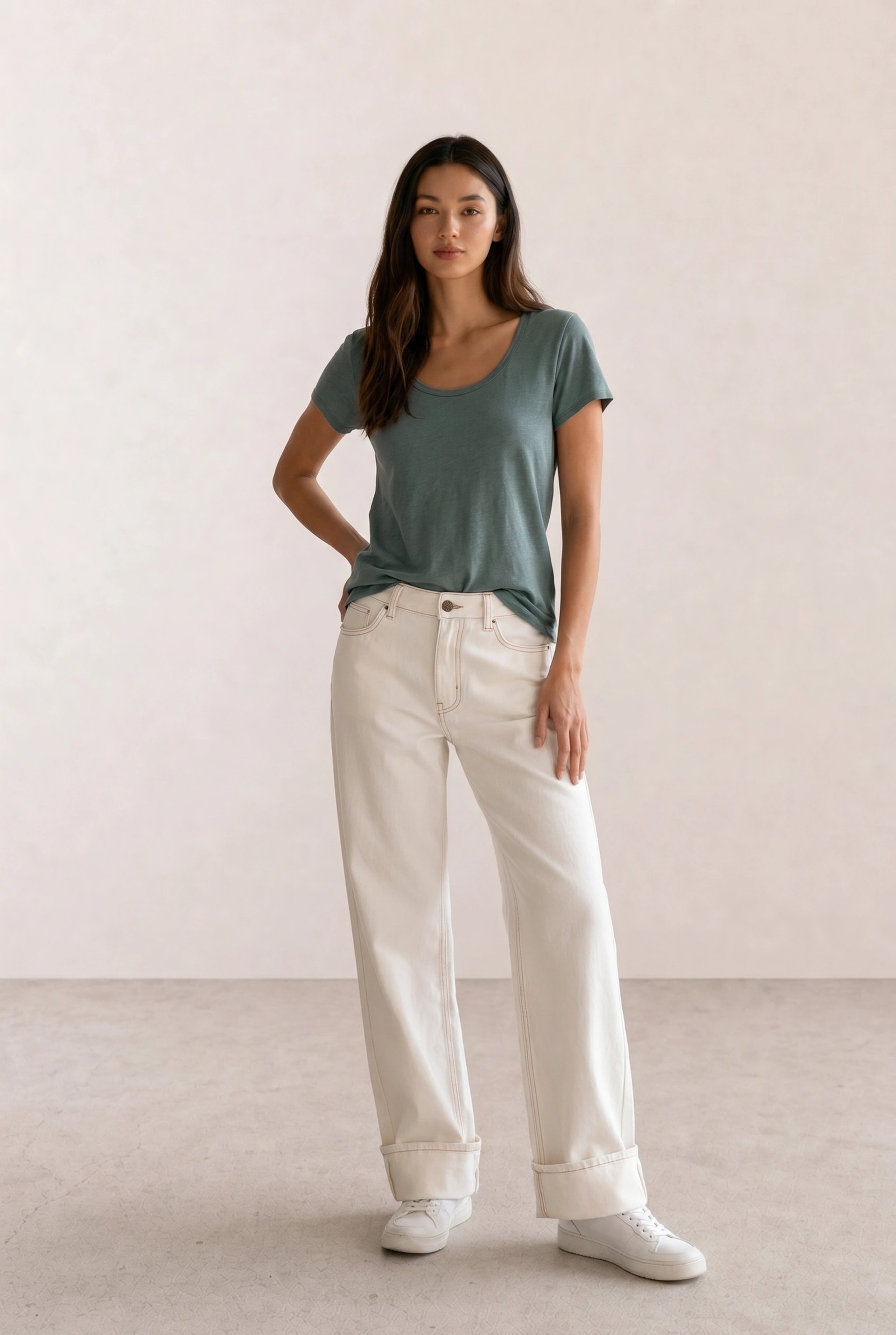 Sage Scoop Tee & Cream Wide-Leg Jeans