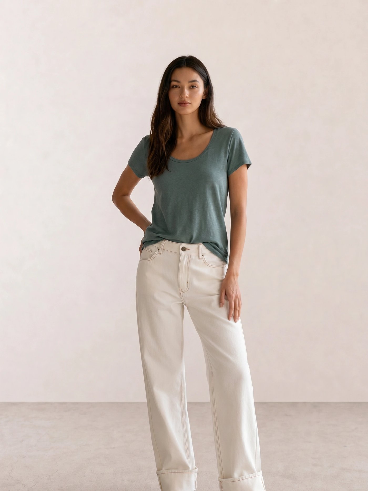 Sage Scoop Tee & Cream Wide-Leg Jeans