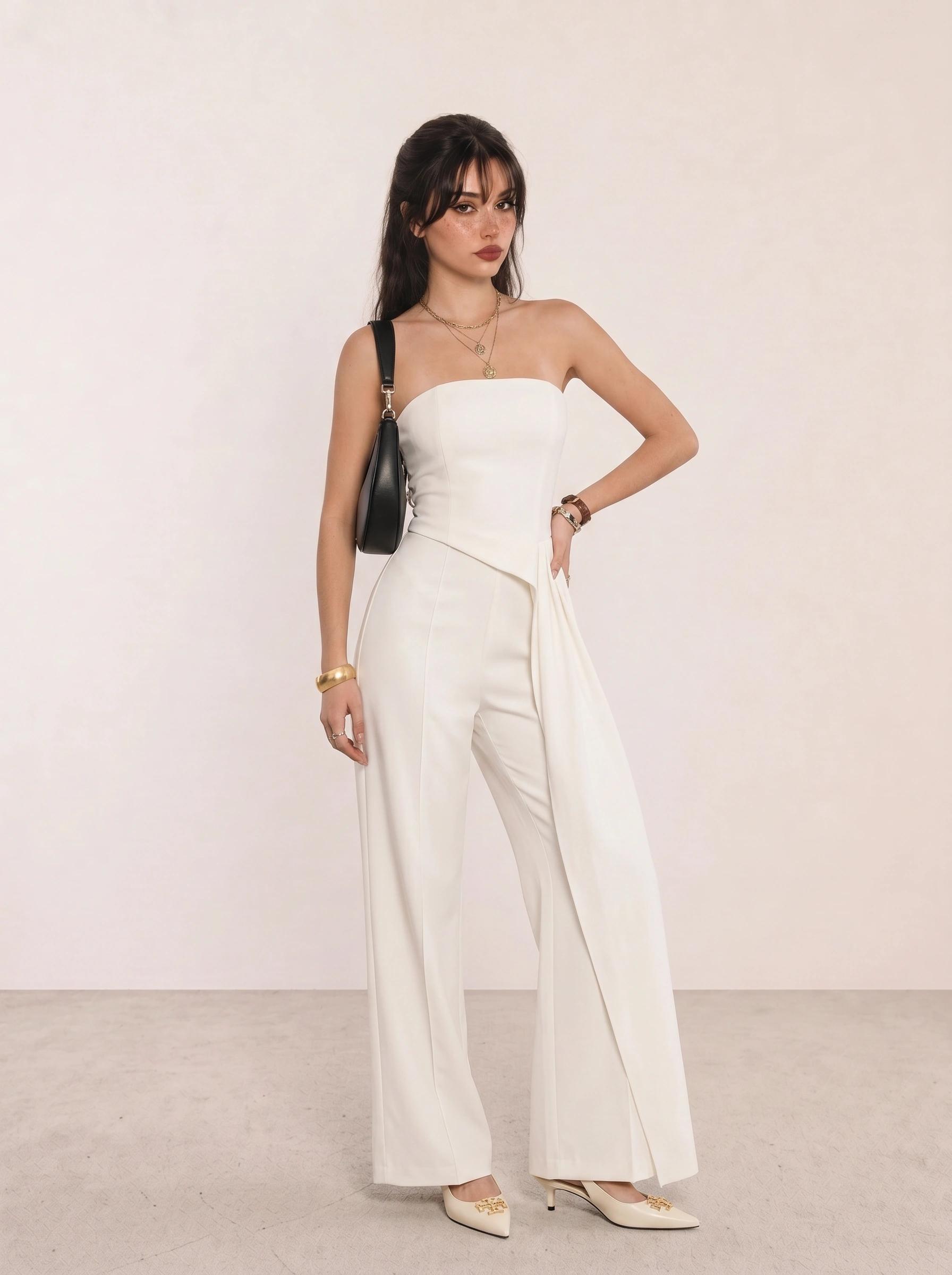 White Strapless Wide-Leg Jumpsuit