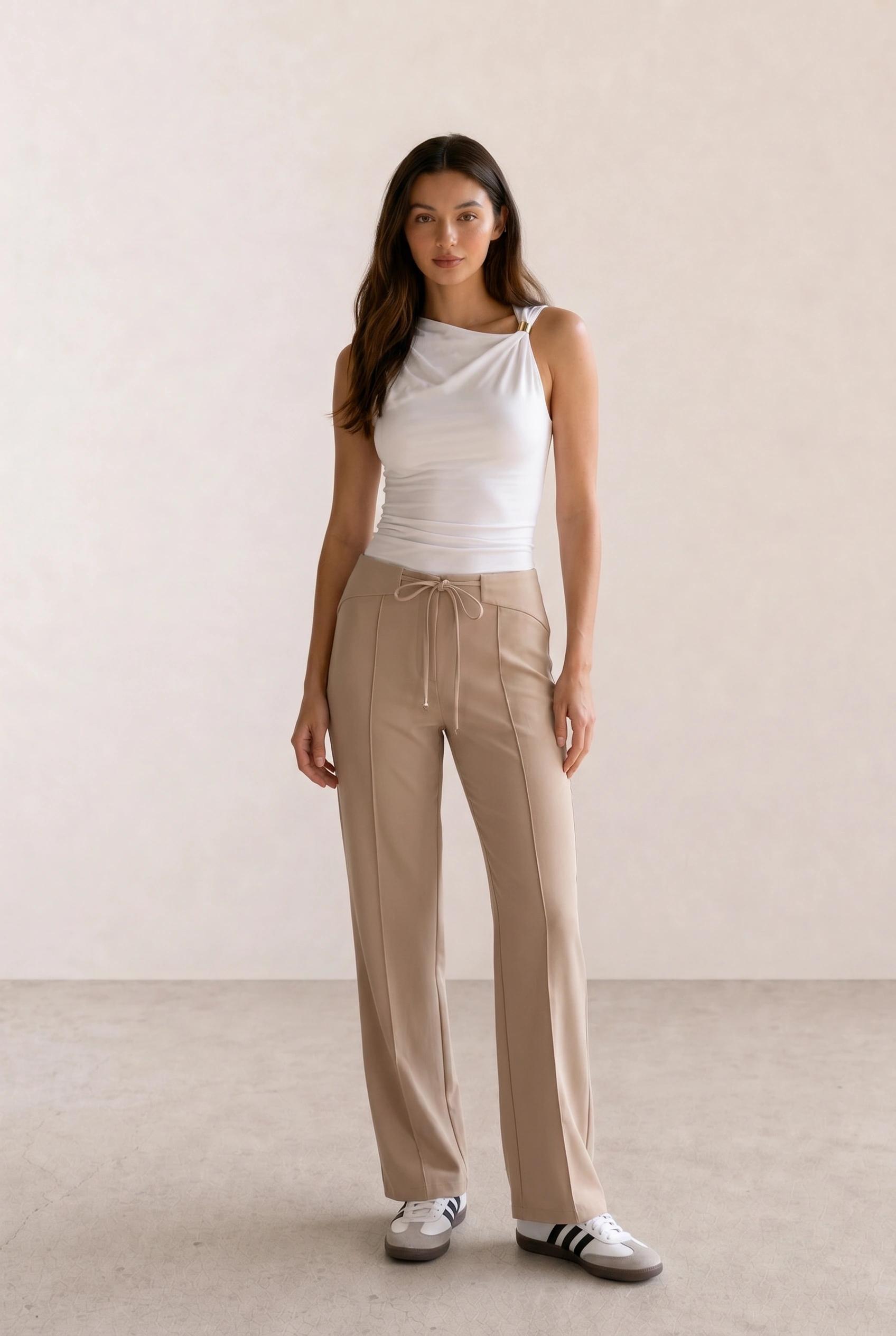 White Draped Tank & Beige Drawstring Trousers
