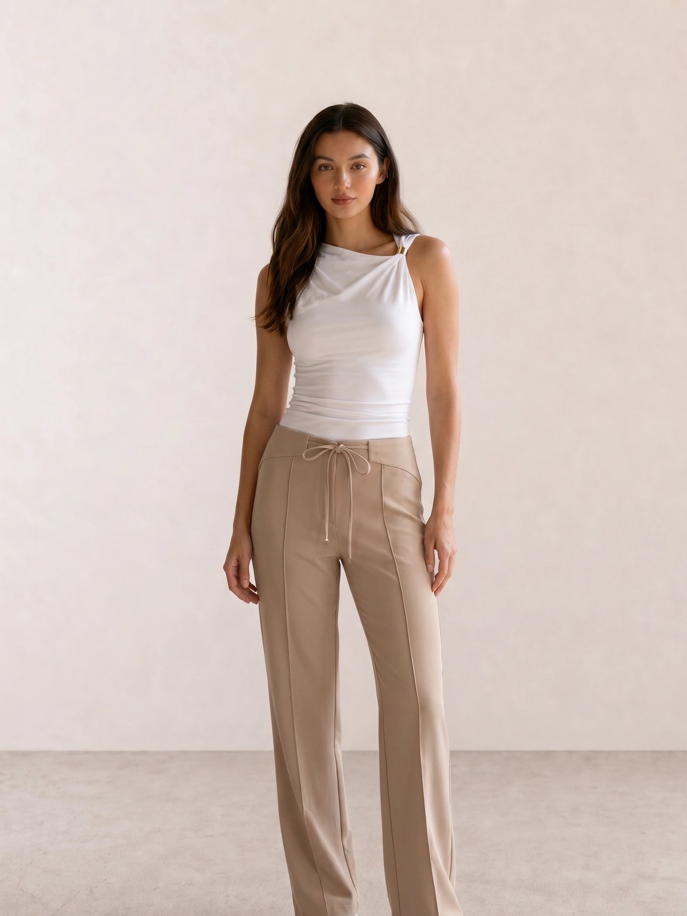 White Draped Tank & Beige Drawstring Trousers