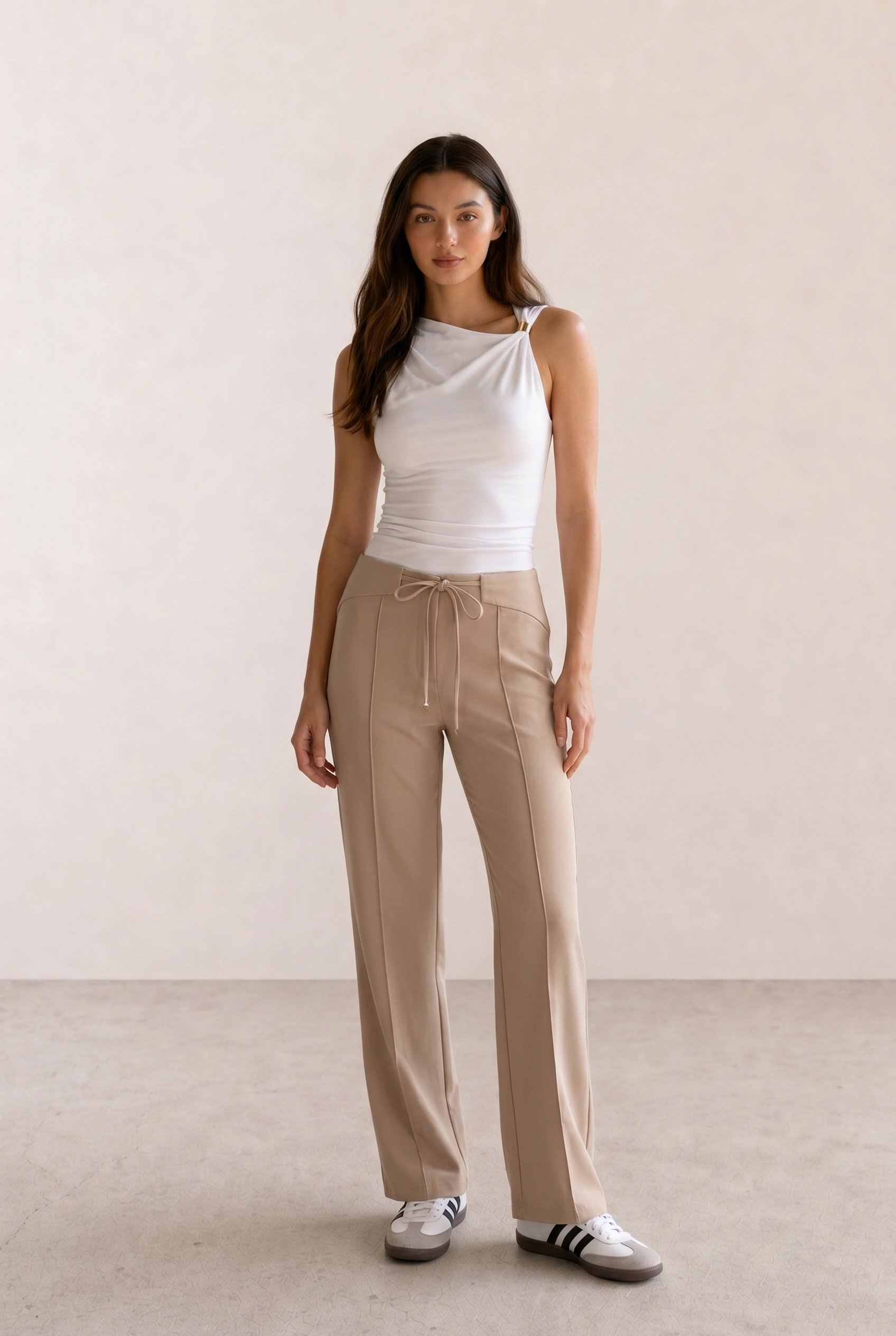 White Draped Tank & Beige Drawstring Trousers