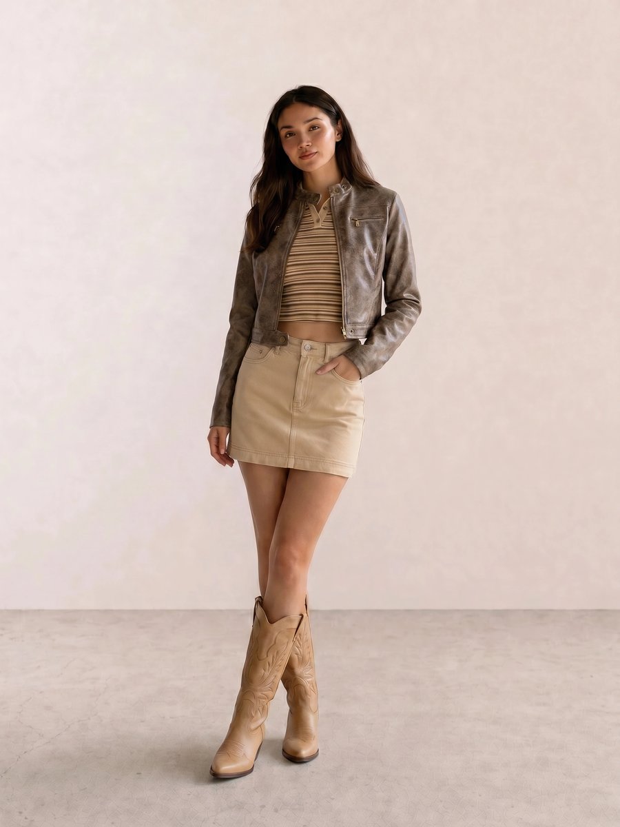 Retro vintage outfit with grey leather moto jacket, striped polo crop, khaki mini skirt, and tan cowboy boots