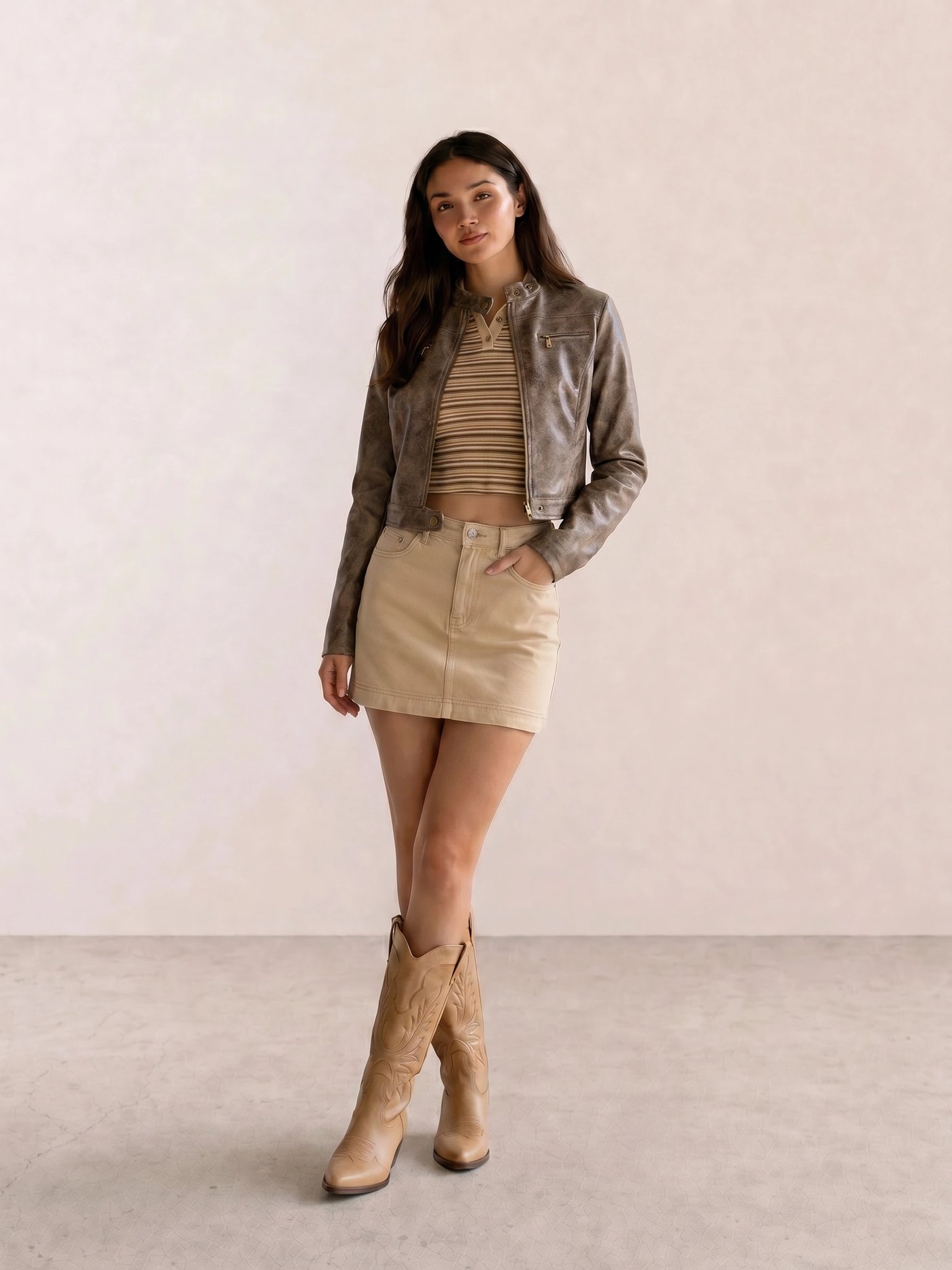 Grey Leather Moto Jacket & Khaki Mini Skirt