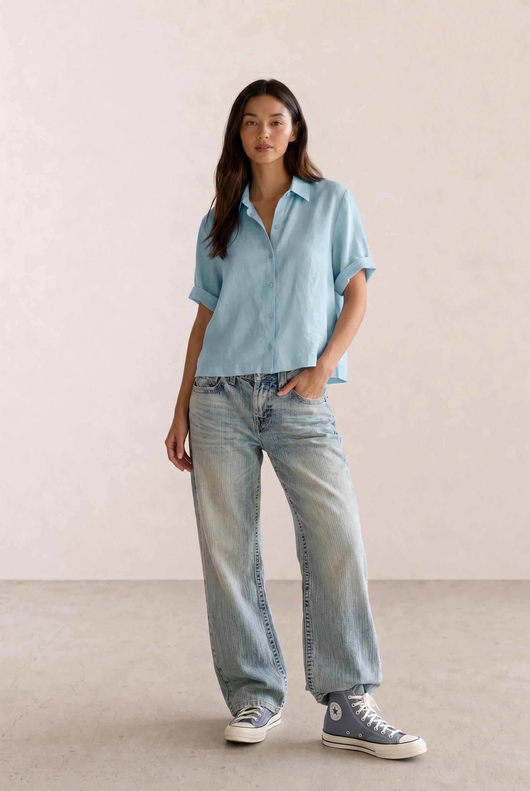Light Blue Linen Shirt & Baggy Jeans