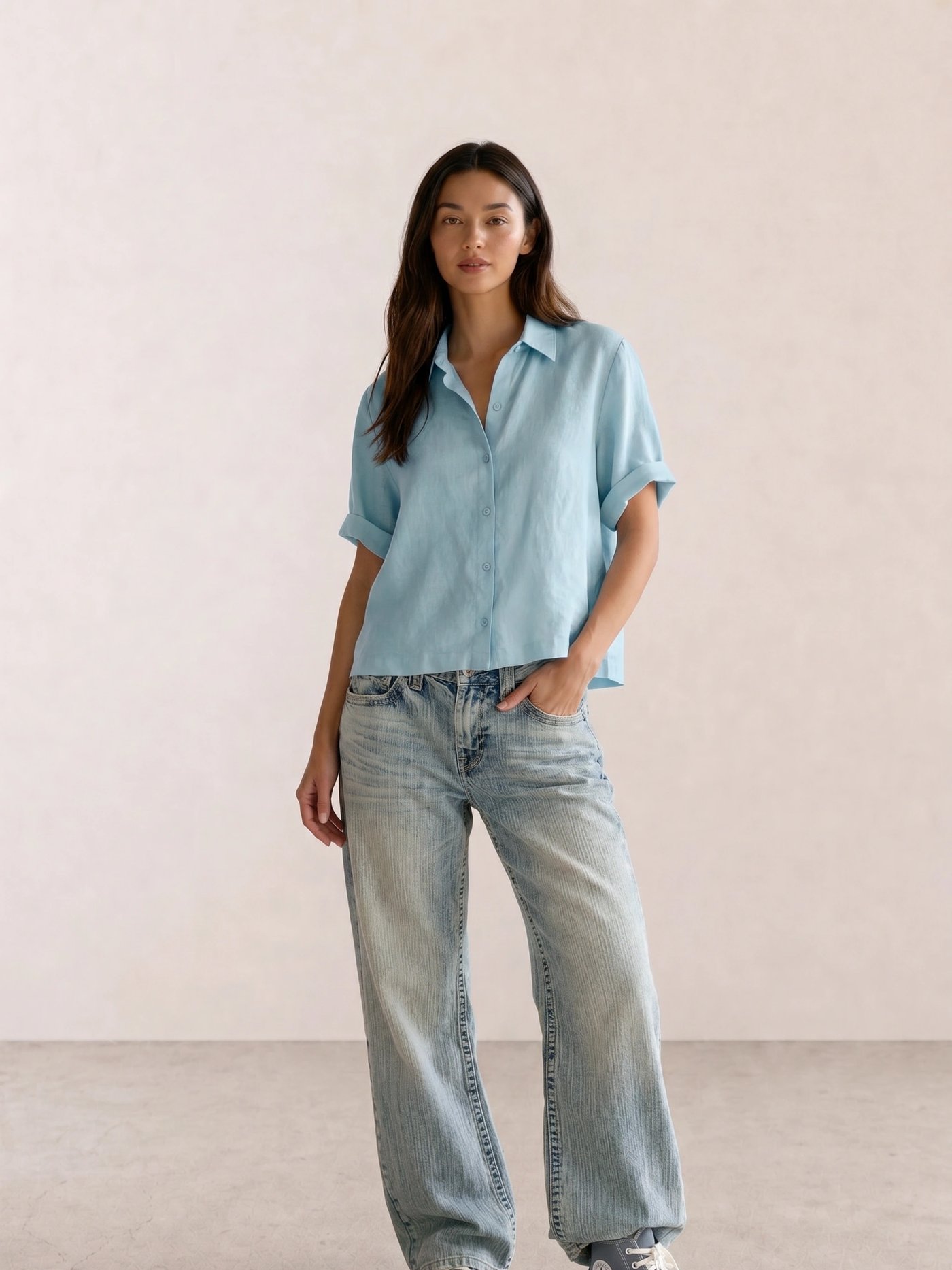 Light Blue Linen Shirt & Baggy Jeans