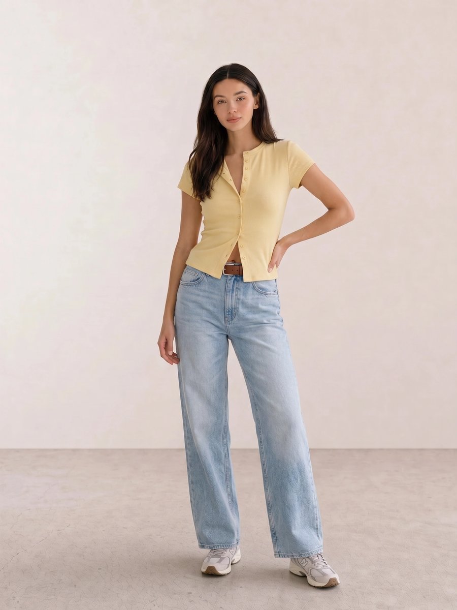 Hellgelbes Knöpftop mit heller Wide-Leg-Jeans, grauen Sneakern und gelber Tasche