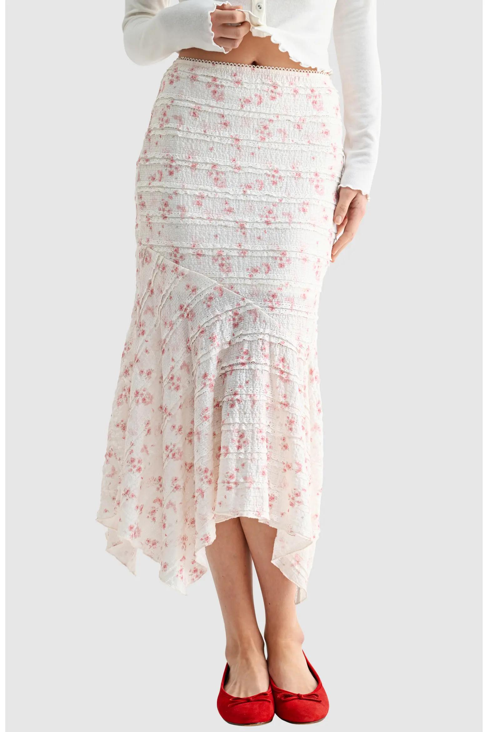 White Pink-Floral Ruffle Midi Skirt